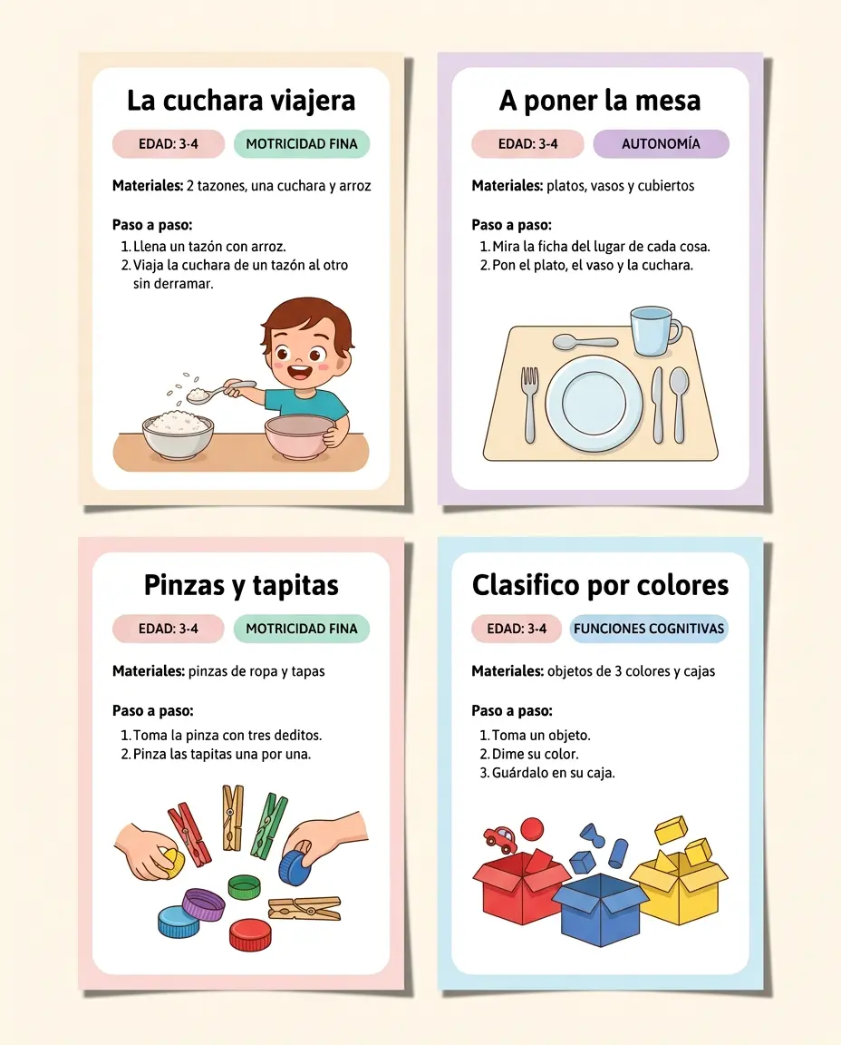 Fichas impresas del bloque 3-4 años: La cuchara viajera, A poner la mesa, Pinzas y tapitas y Clasifico por colores