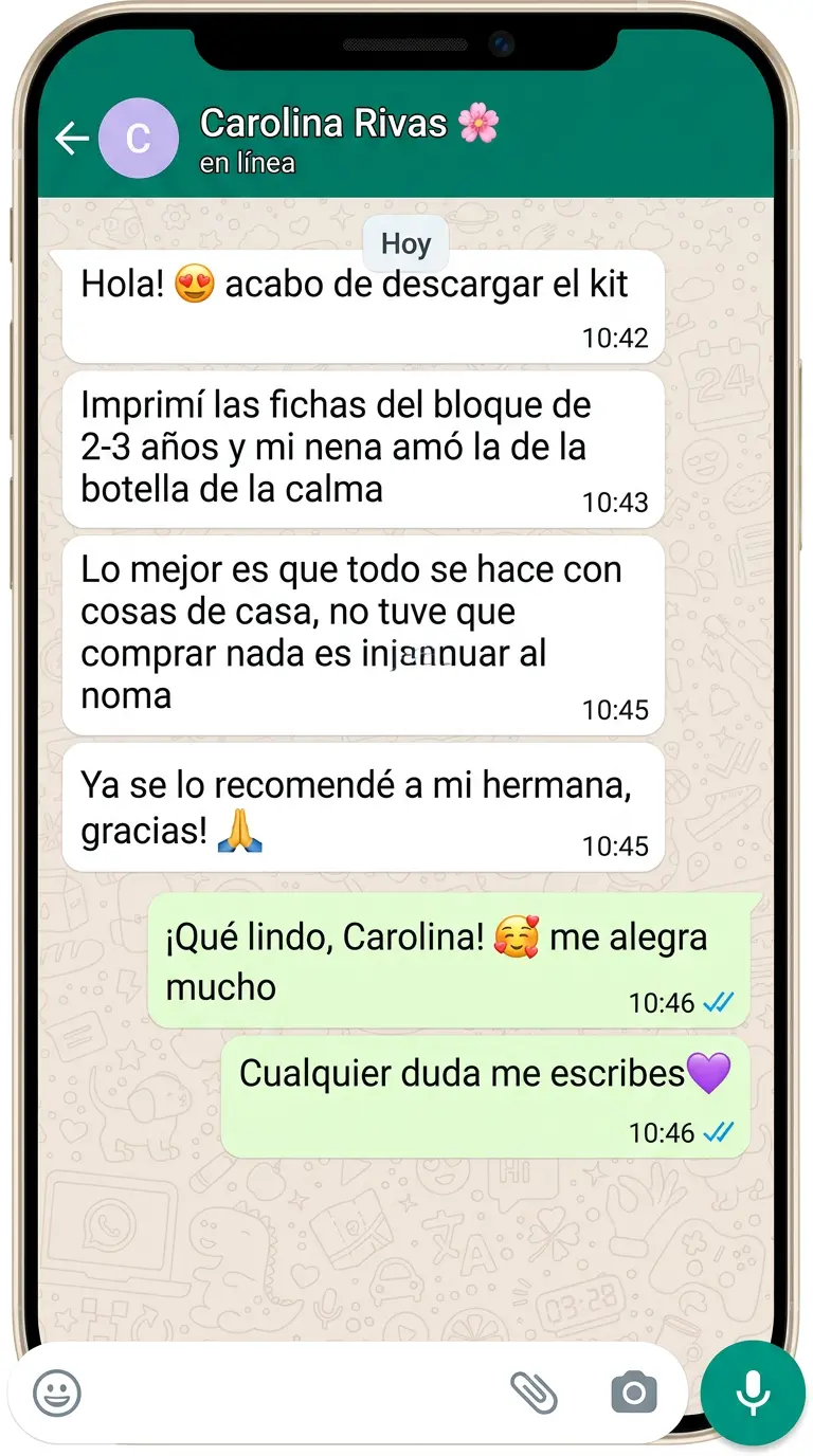 Testimonio de Carolina, mamá: descargó el kit y su nena amó la ficha de la botella de la calma