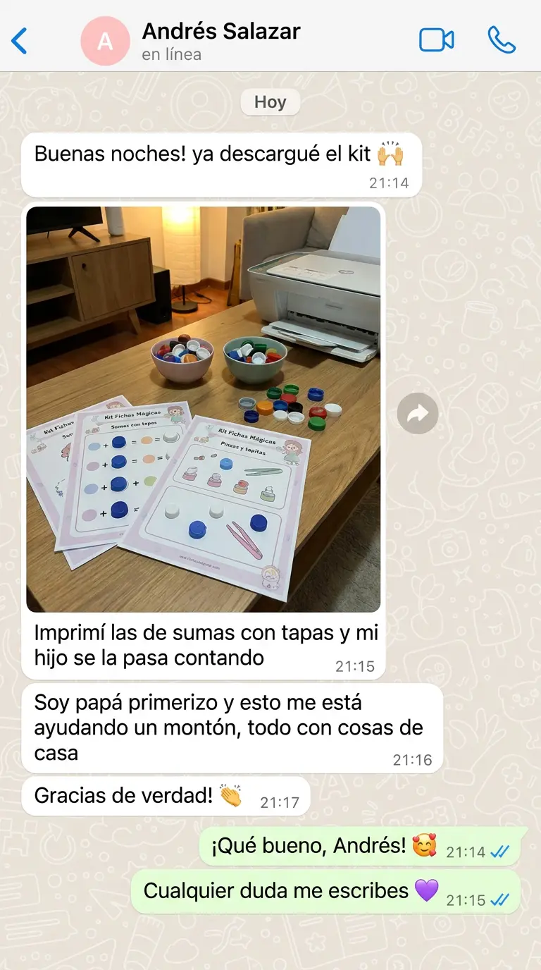 Testimonio de Andrés, papá primerizo: foto de las fichas de sumas con tapas impresas en casa